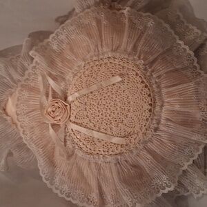 Square pink satin pillow trimmed with lace and ribbon-13 1/2 inches square